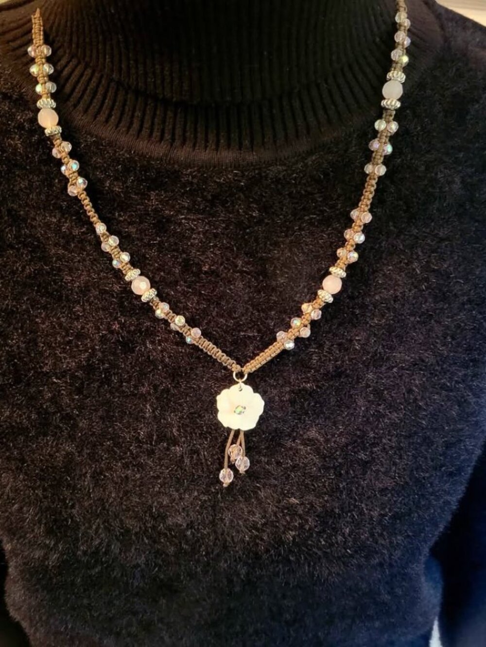 Cookie Lee Brown Macrame Genuine Mother Of Pearl Flower Necklace and Bracelet